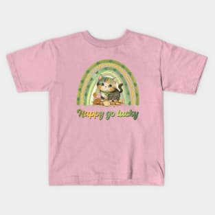 Retro st patrick green rainbow - Happy go lucky cat Kids T-Shirt